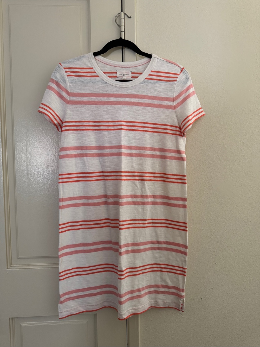 Lou & Grey Striped Short Sleeve T-Shirt Dress in White with Pink & Coral Stripes